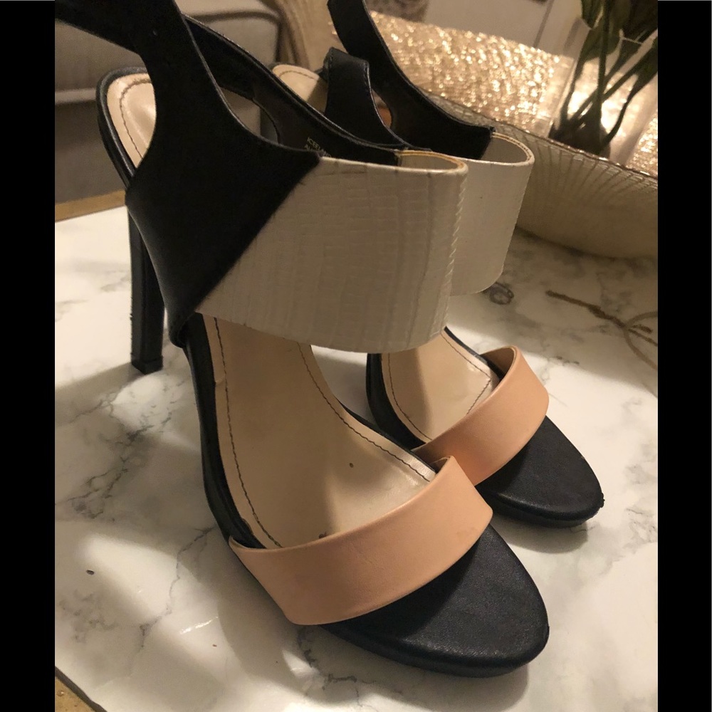 Black white and tan heels